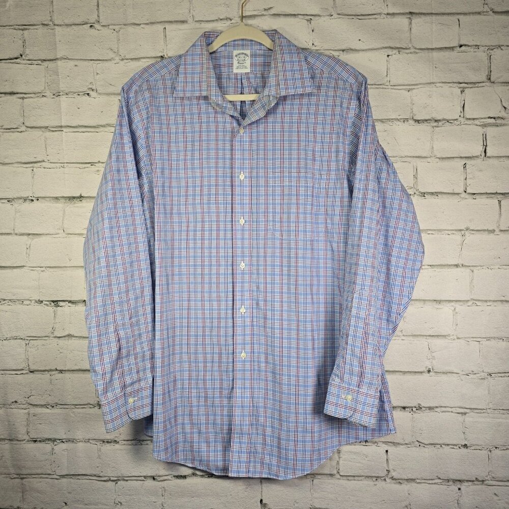 BROOKS BROTHERS LONG SLEEVE BUTTON DOWN BLUE CRIMSON PLAID MENS SIZE 16.5/33 EUC